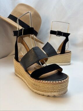 Crown Vintage Women’s Sz7M Black Espadrille Platform Wedge Sandals #305